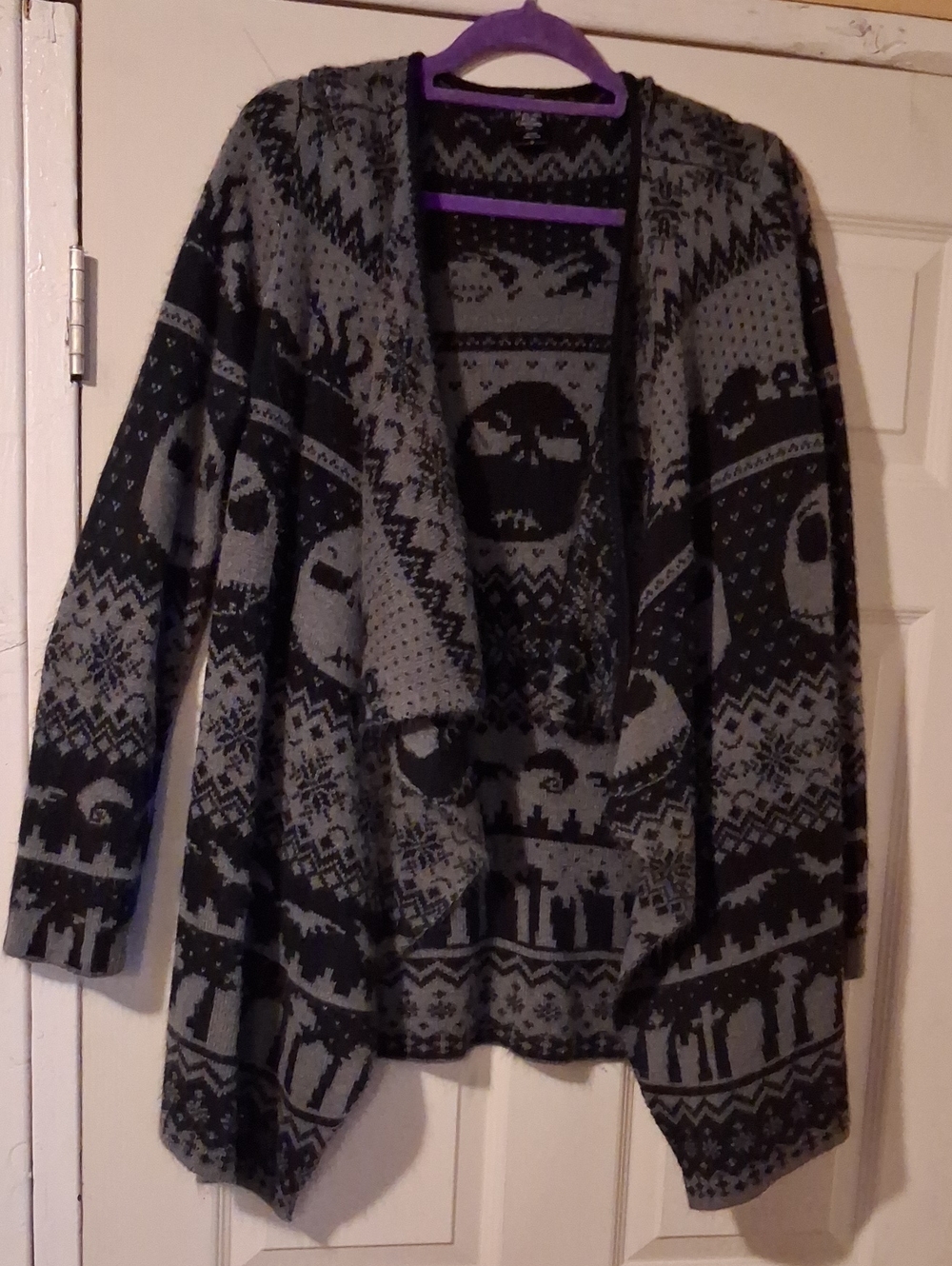 Cozy Open-Front Skull Pattern Cardigan Sweater - Gray/Black